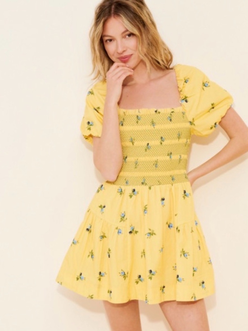Anthropologie Yellow Mini Dress with Blue Floral Accents